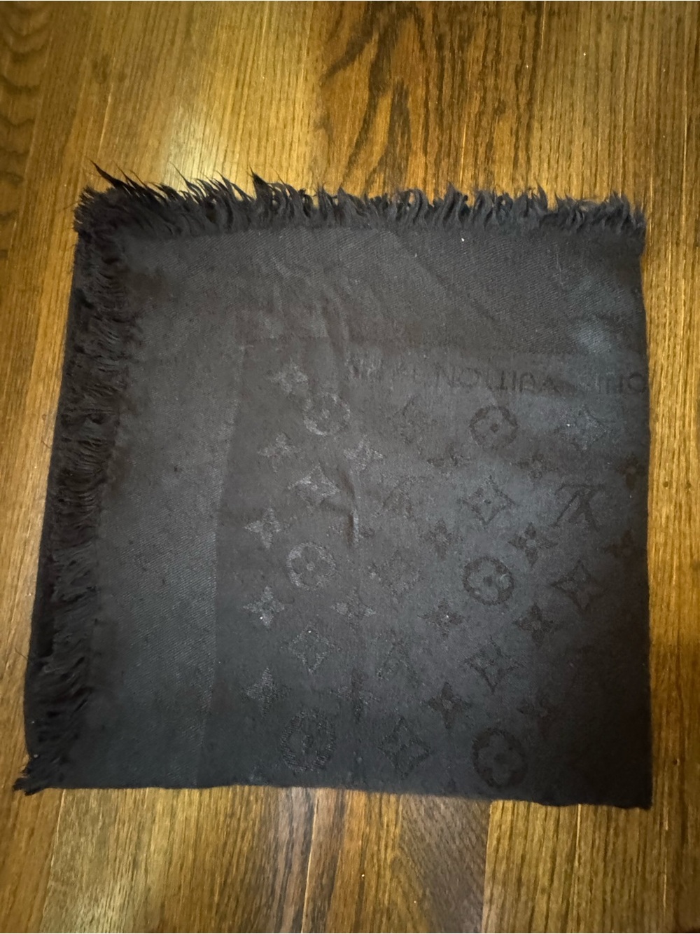 Authentic Louis Vuitton Black Silk-Wool Monogram Scarf/shawl with Gold Label